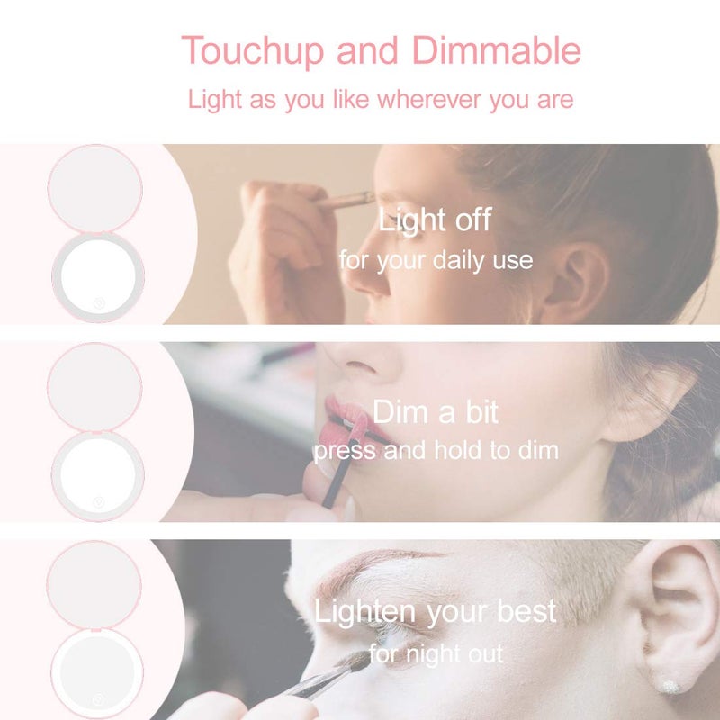 Milishow Compact Mirror with LED Light 1x/10x Magnifying Rechargeable Mirror 3.5in  Dimmable Travel Mirror for Purse Pocket Handheld 2-Sided Makeup Mirror - Image 3